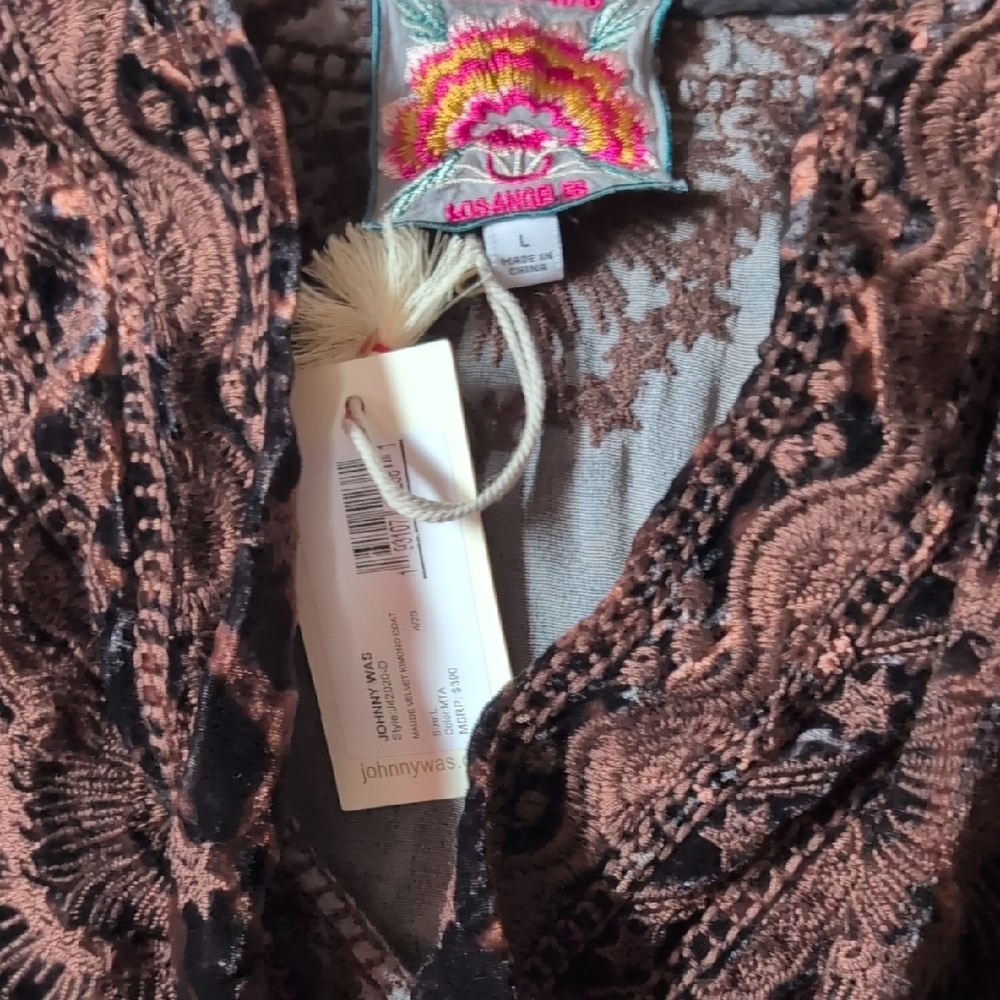 Johnny Was Maude Chocolate Velvet Embroidered Kimono Coat L NWT